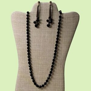 Vintage Black Faceted Bead Necklace & Pierced Earrings Set
